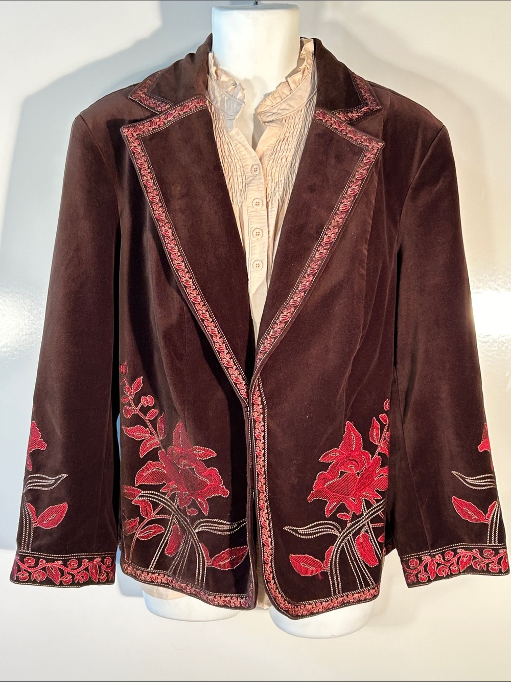 Nygard Collection SZ24 Brown Velvet Embroidered Blazer Dressy Boho Western Artsy